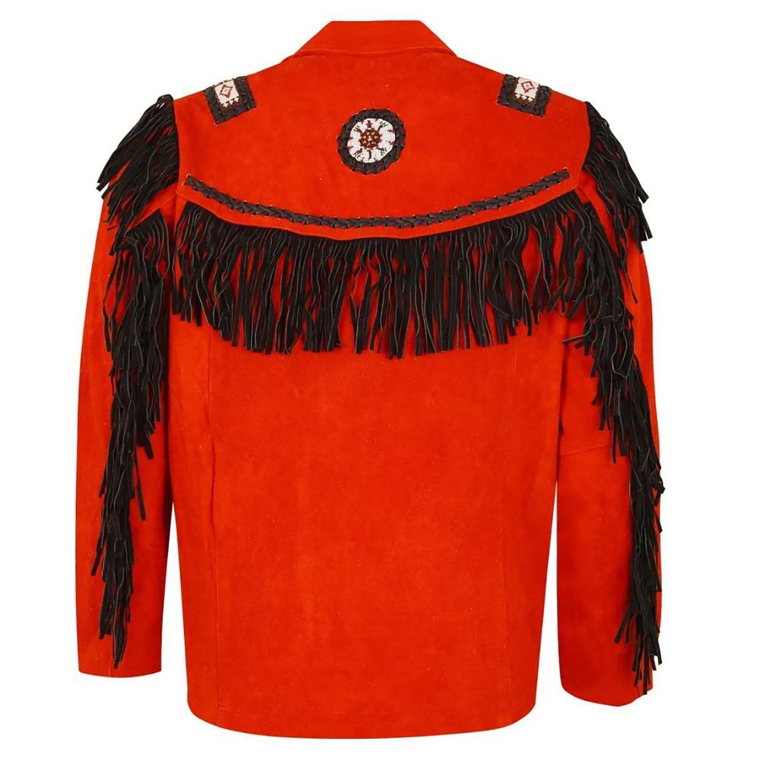 The red suede leather fringe jacket with beaded detailing, pictured in close-up