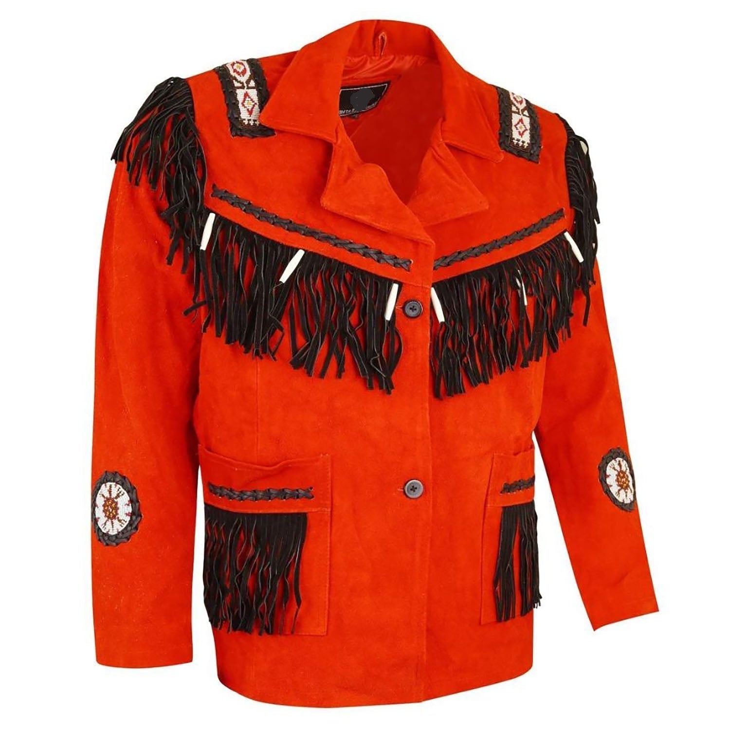 The red suede leather fringe jacket with beaded detailing, pictured from the back
