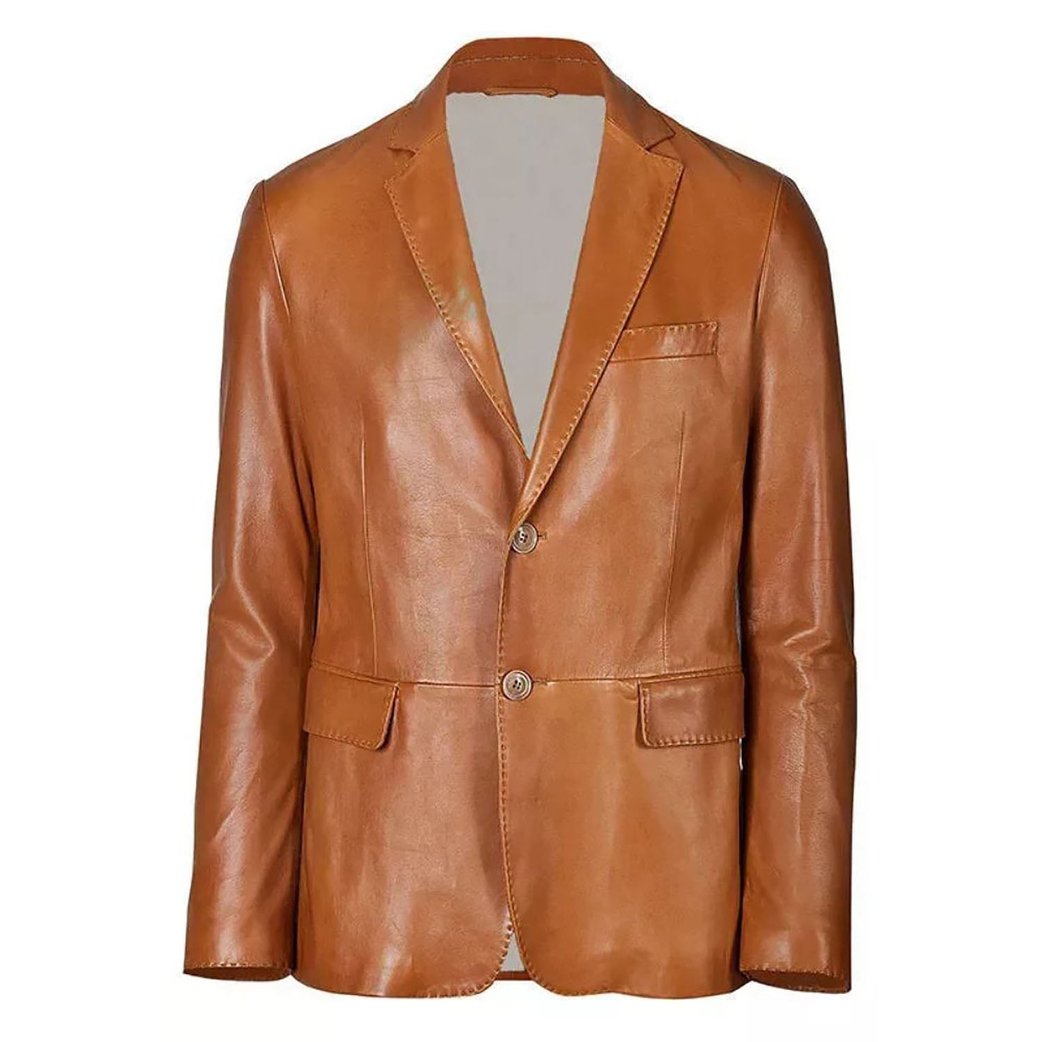 Detail shot showing the brown cowhide leather blazer