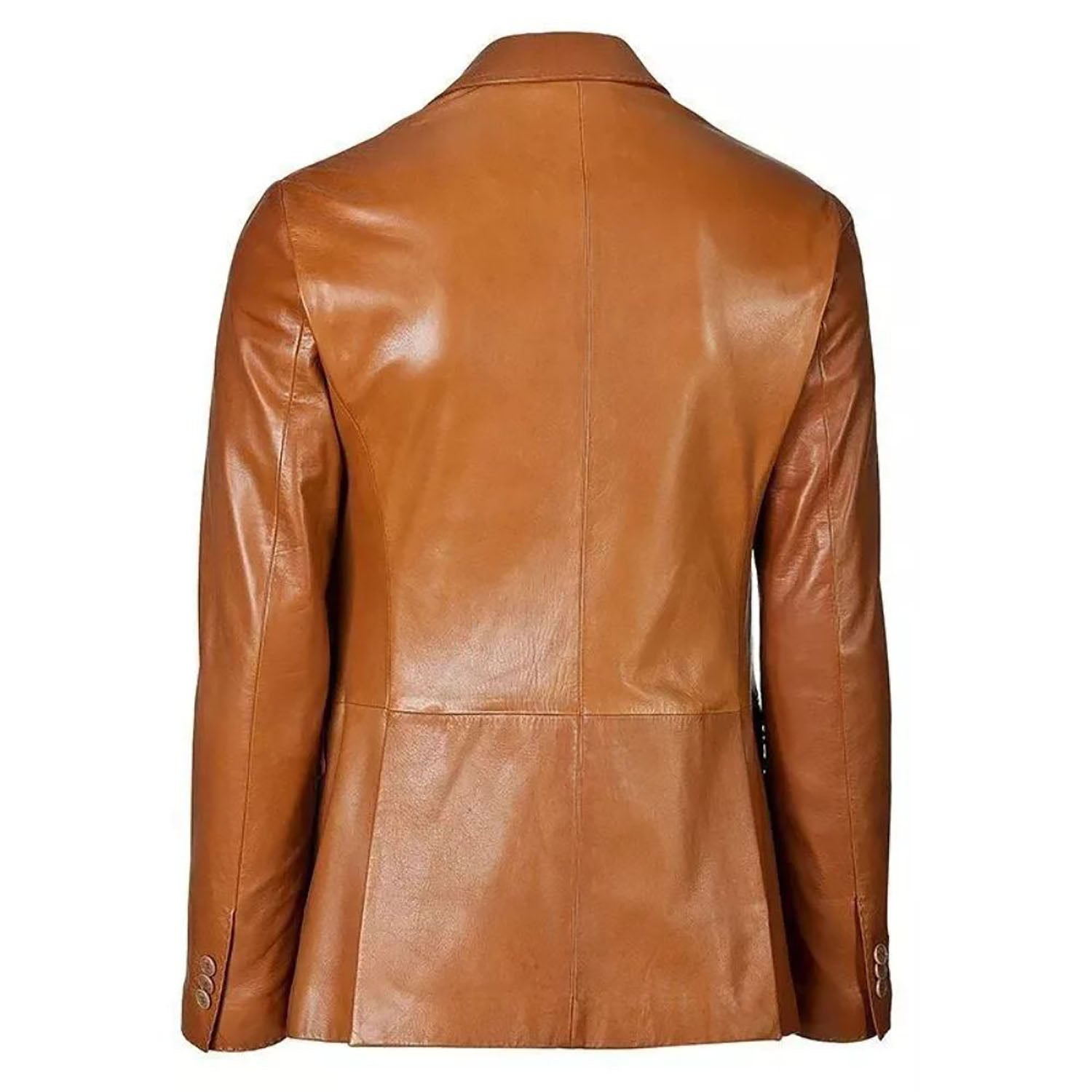 Front view showing the brown cowhide leather blazer