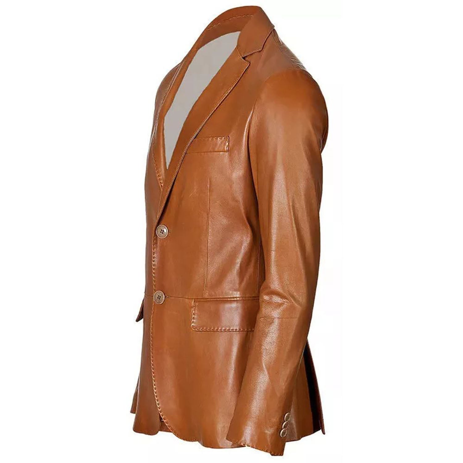 Side profile showing the brown cowhide leather blazer