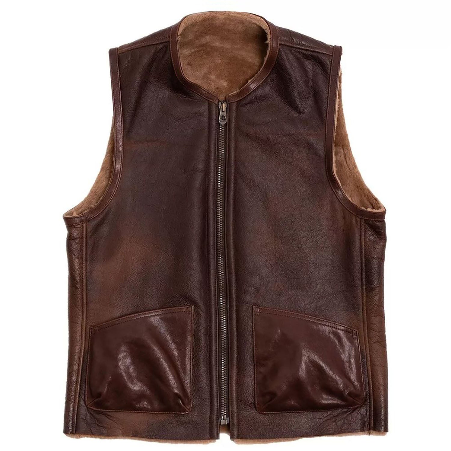 Brown cowhide leather vest with aviator bomber style, side profile