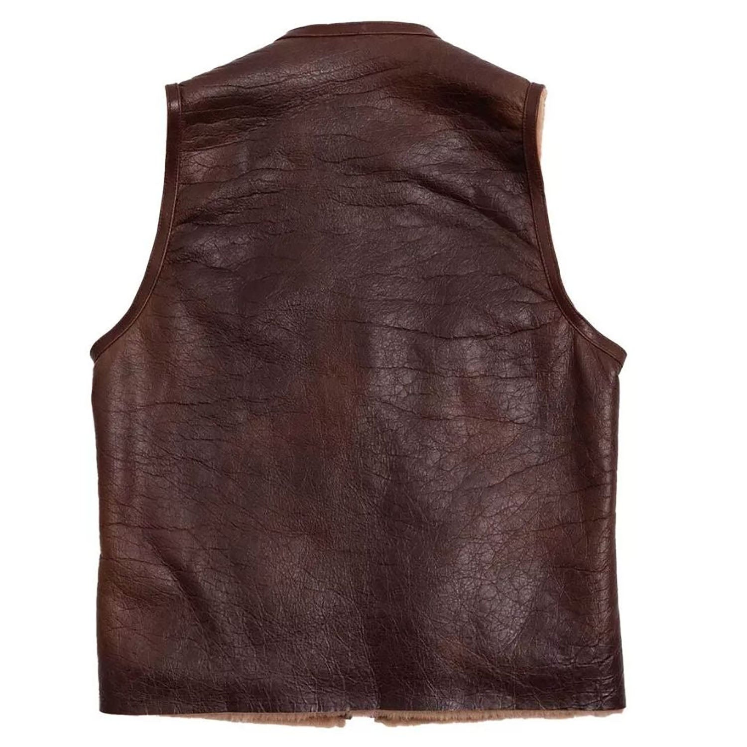 Brown cowhide leather vest with fur trim, back view