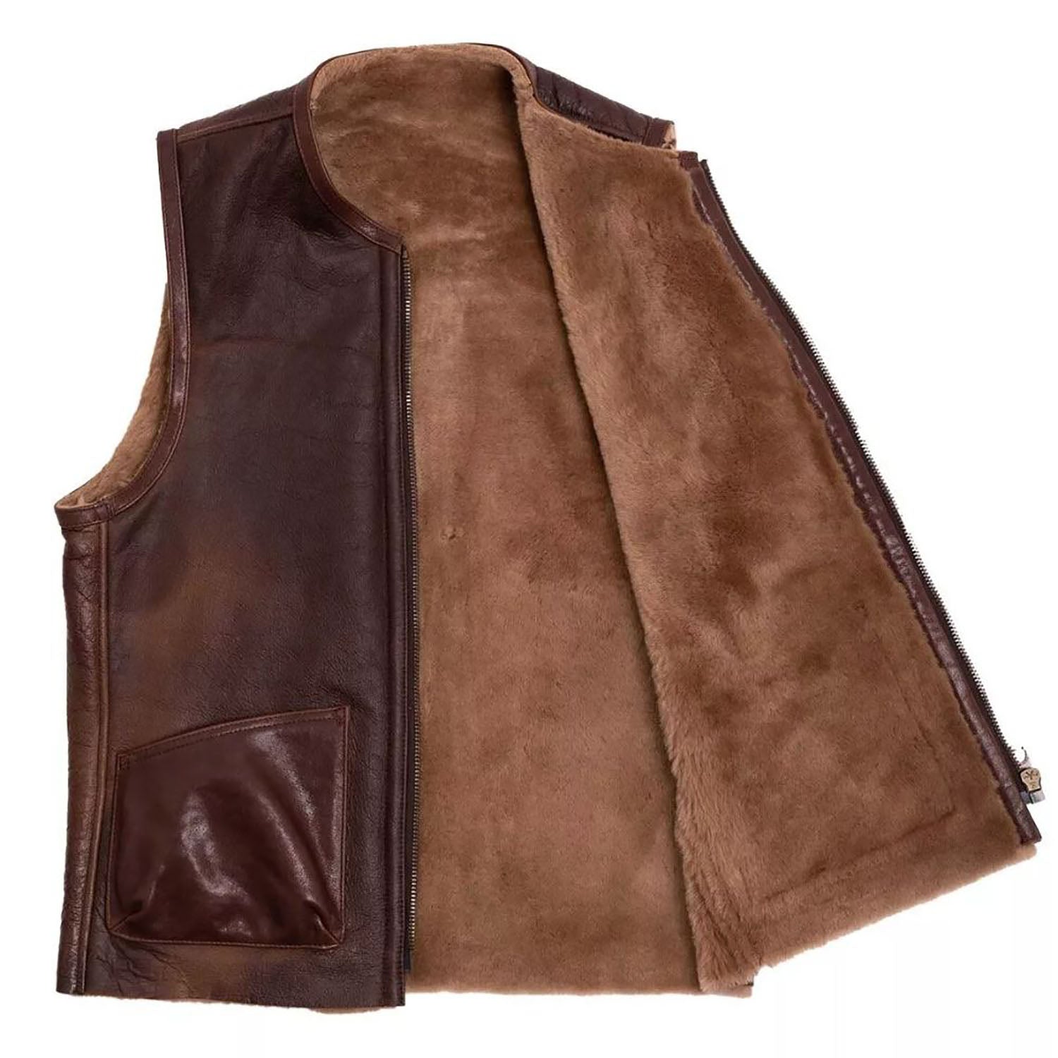 Brown cowhide leather vest with aviator bomber style, close-up detail
