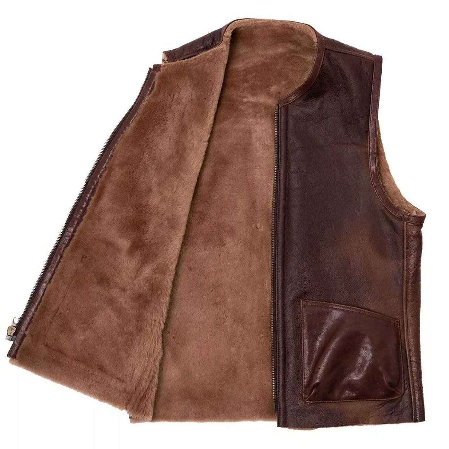 Brown cowhide leather vest with fur trim, worn styled look