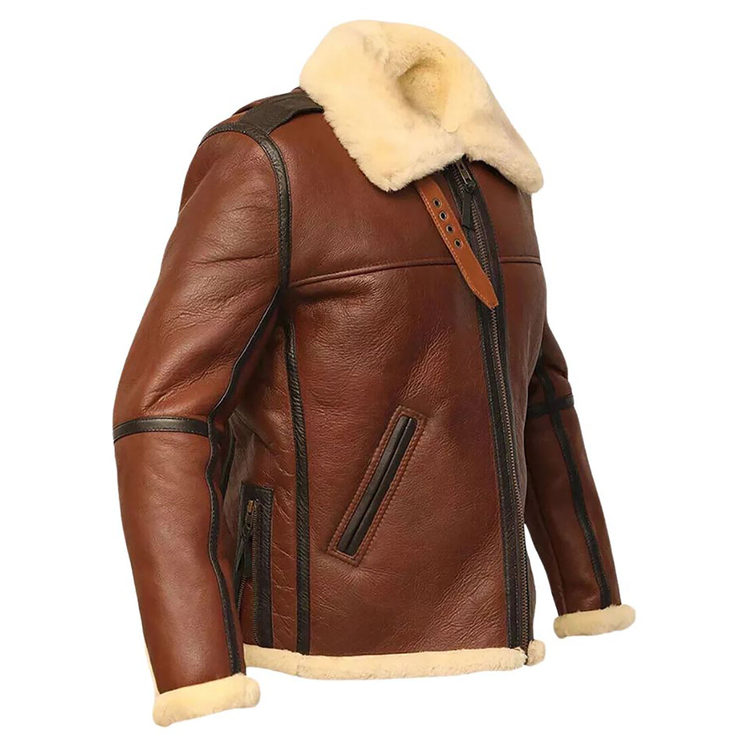 Side profile of the leather bomber jacket with fur trim for men