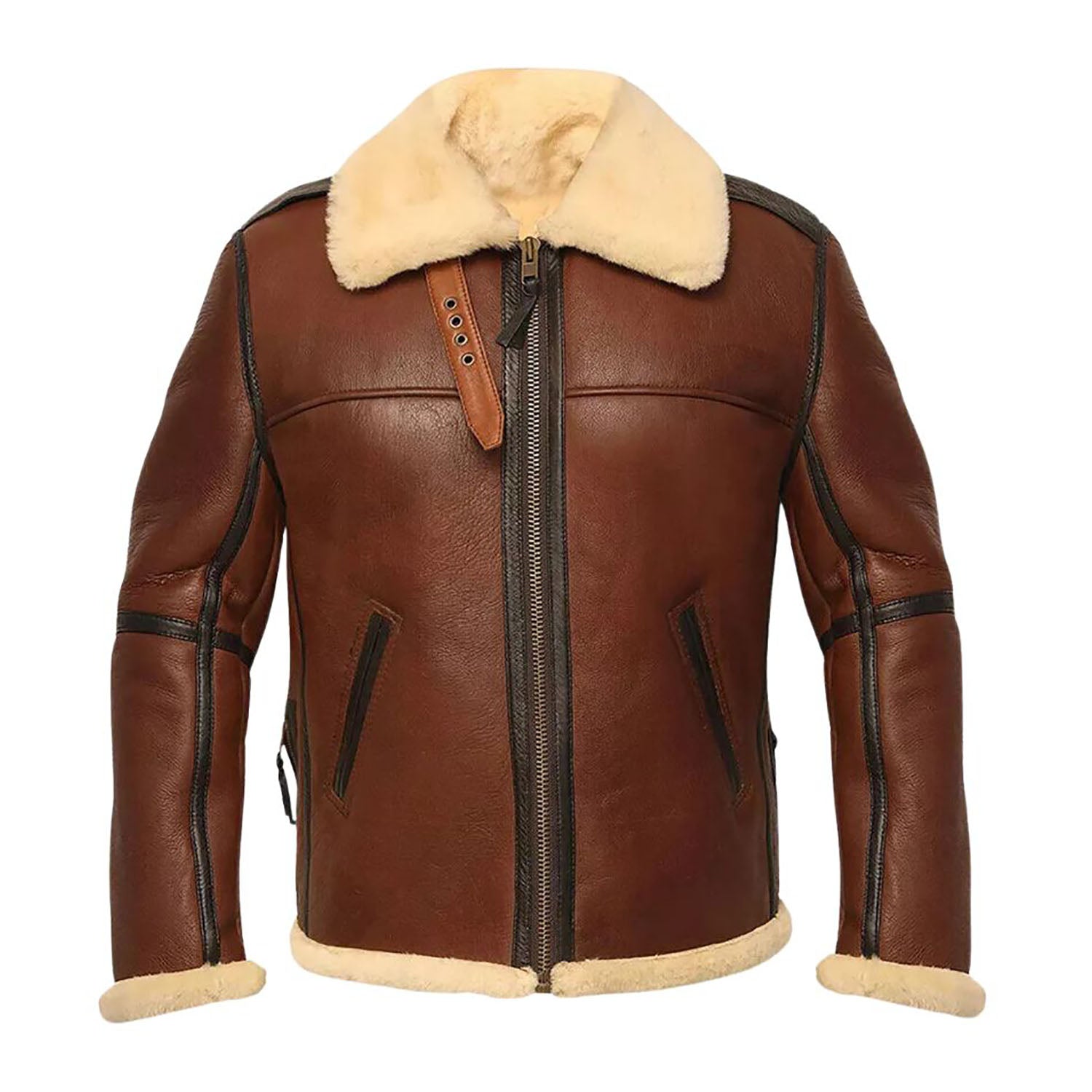 Front view of the leather bomber jacket with aviator bomber style for men