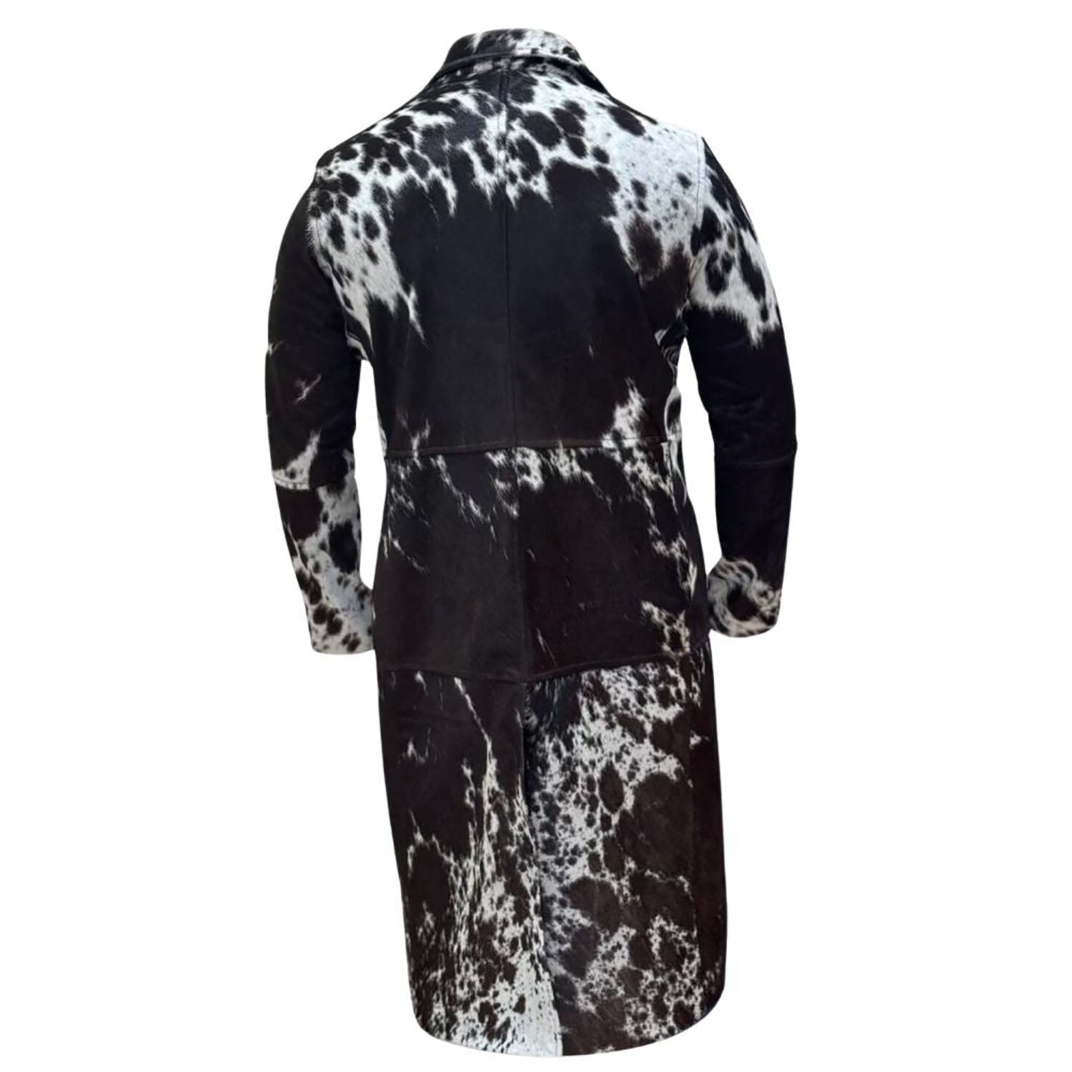The leather coat with fur trim, pictured from the front