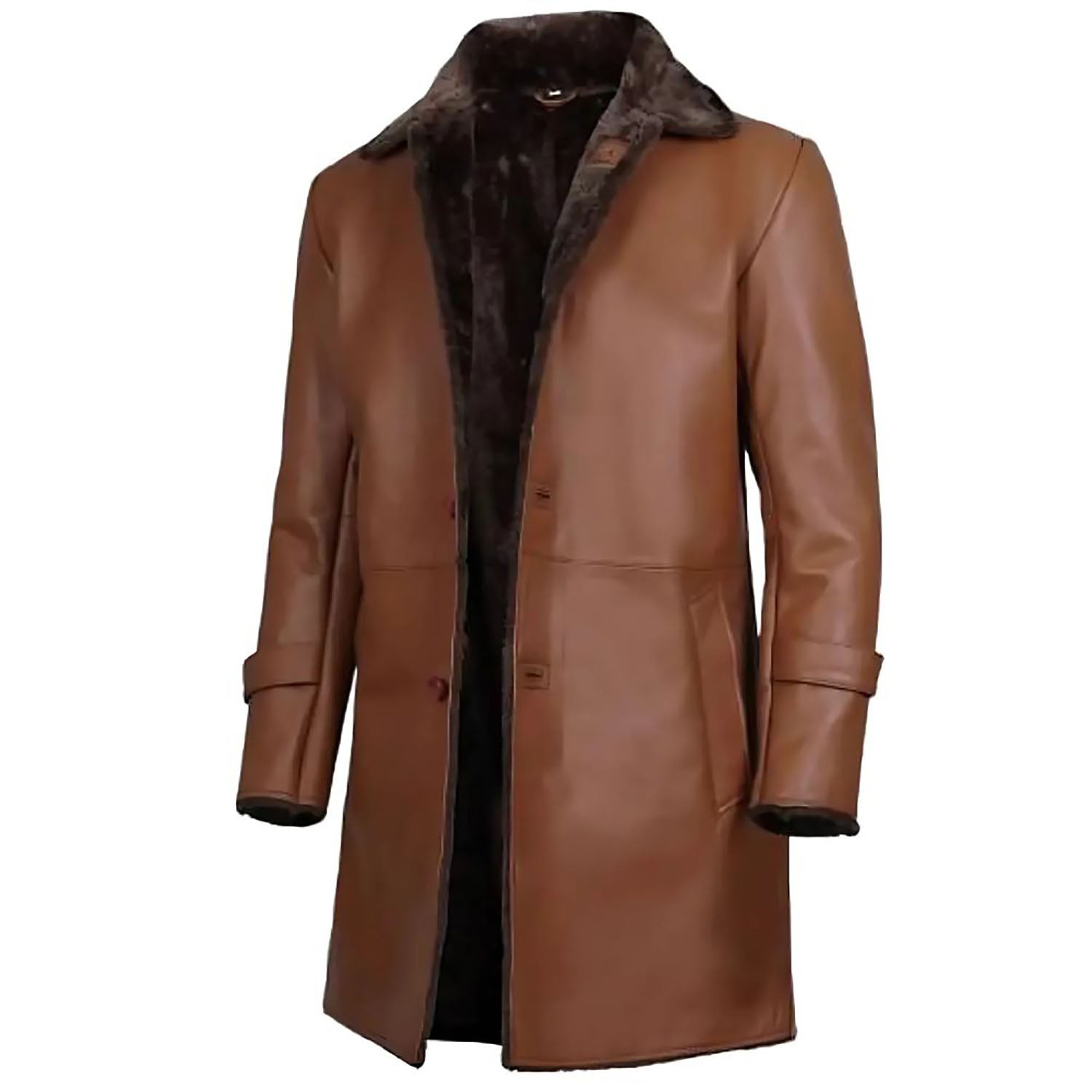 Brown cowhide leather jacket with fur trim, detail shot
