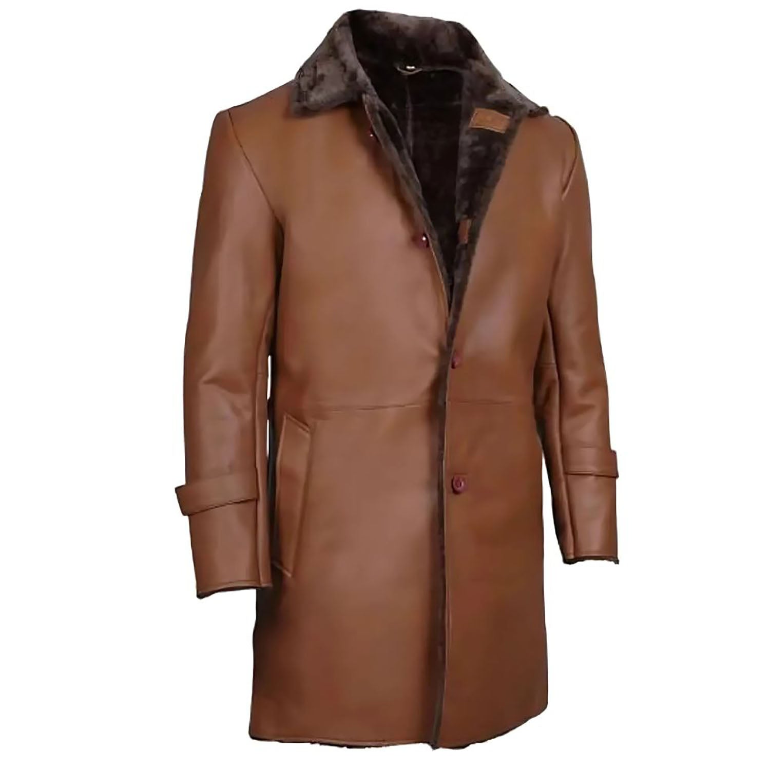 Brown cowhide leather jacket with fur trim, worn styled look