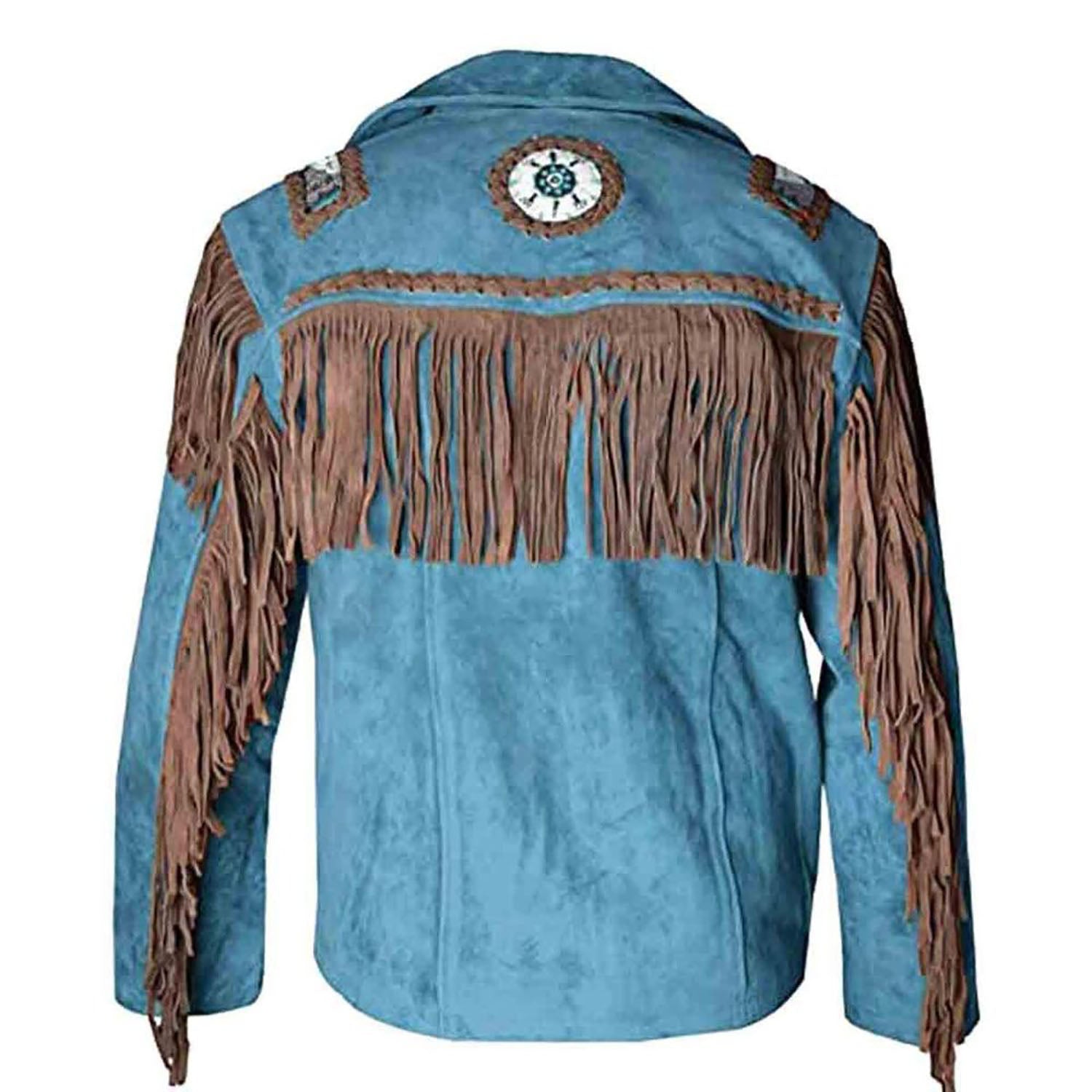 Detail shot of the blue suede leather fringe jacket with beaded detailing for men