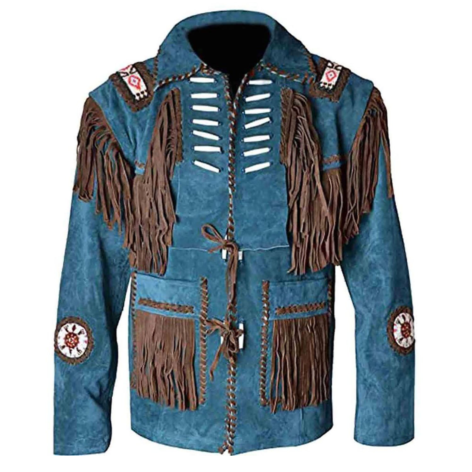 Full display of the blue suede leather fringe jacket with beaded detailing for men