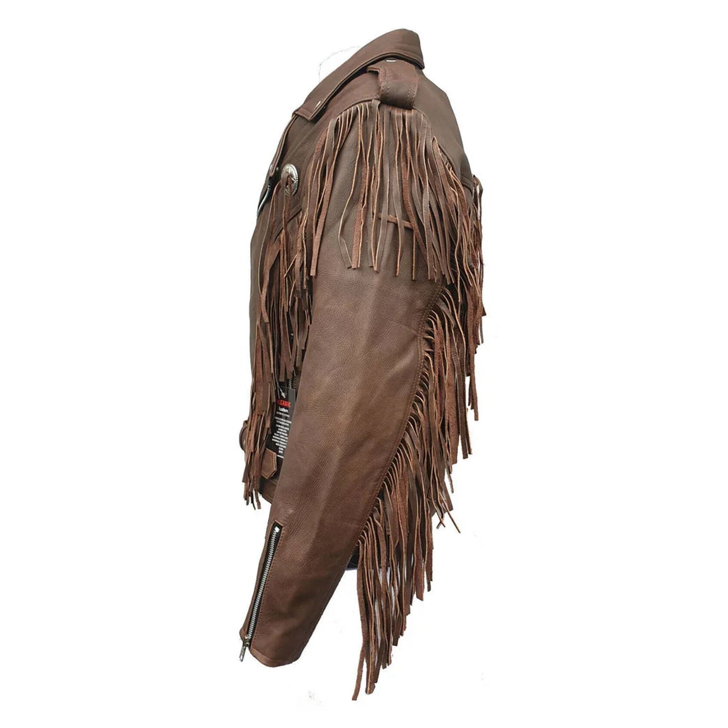 Worn styled look showing the brown cowhide leather fringe jacket