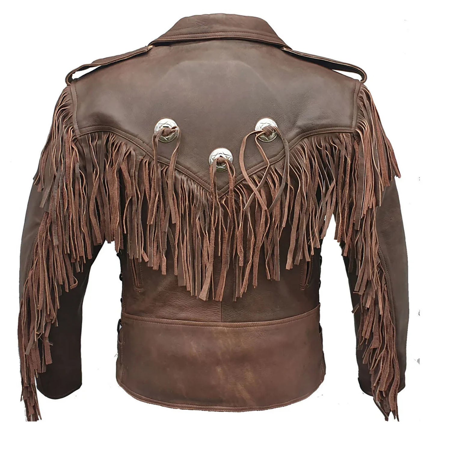 Close-up detail showing the brown cowhide leather fringe jacket