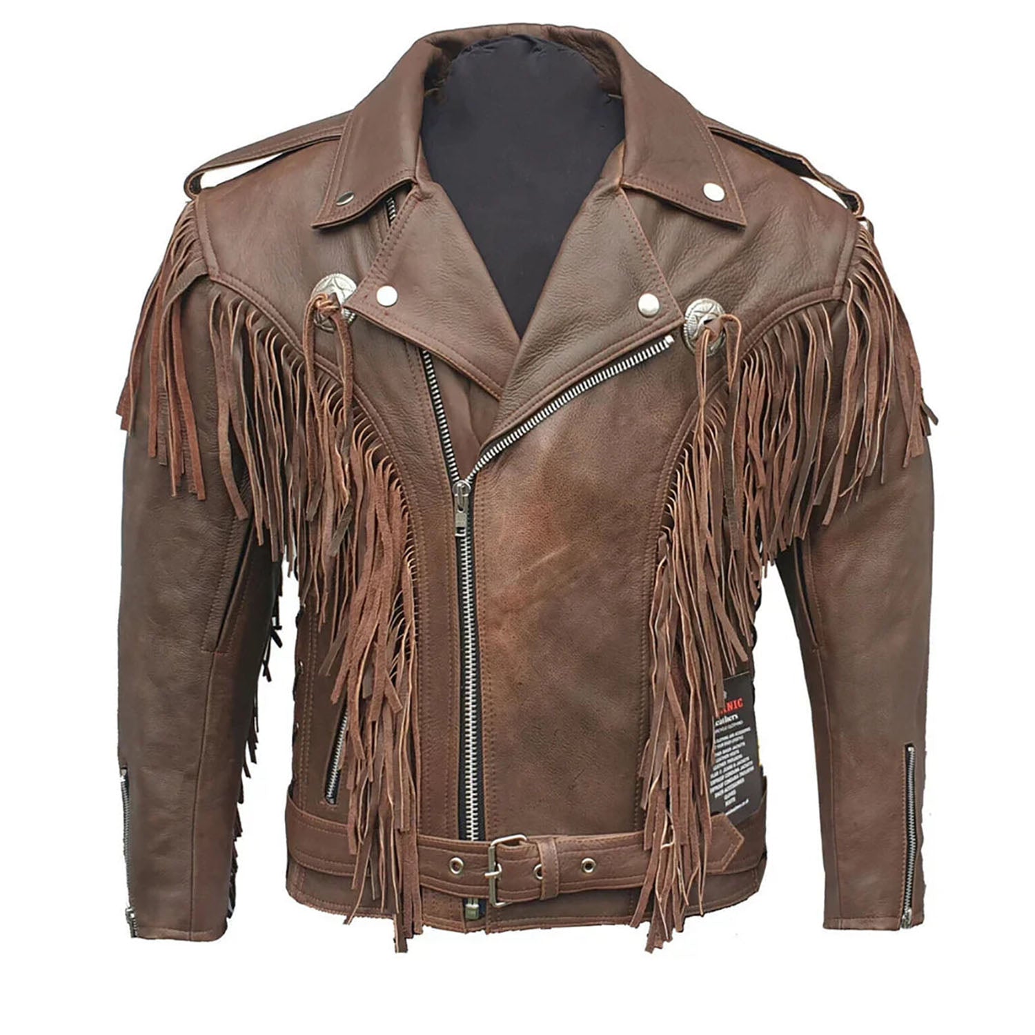 Back view showing the brown cowhide leather fringe jacket