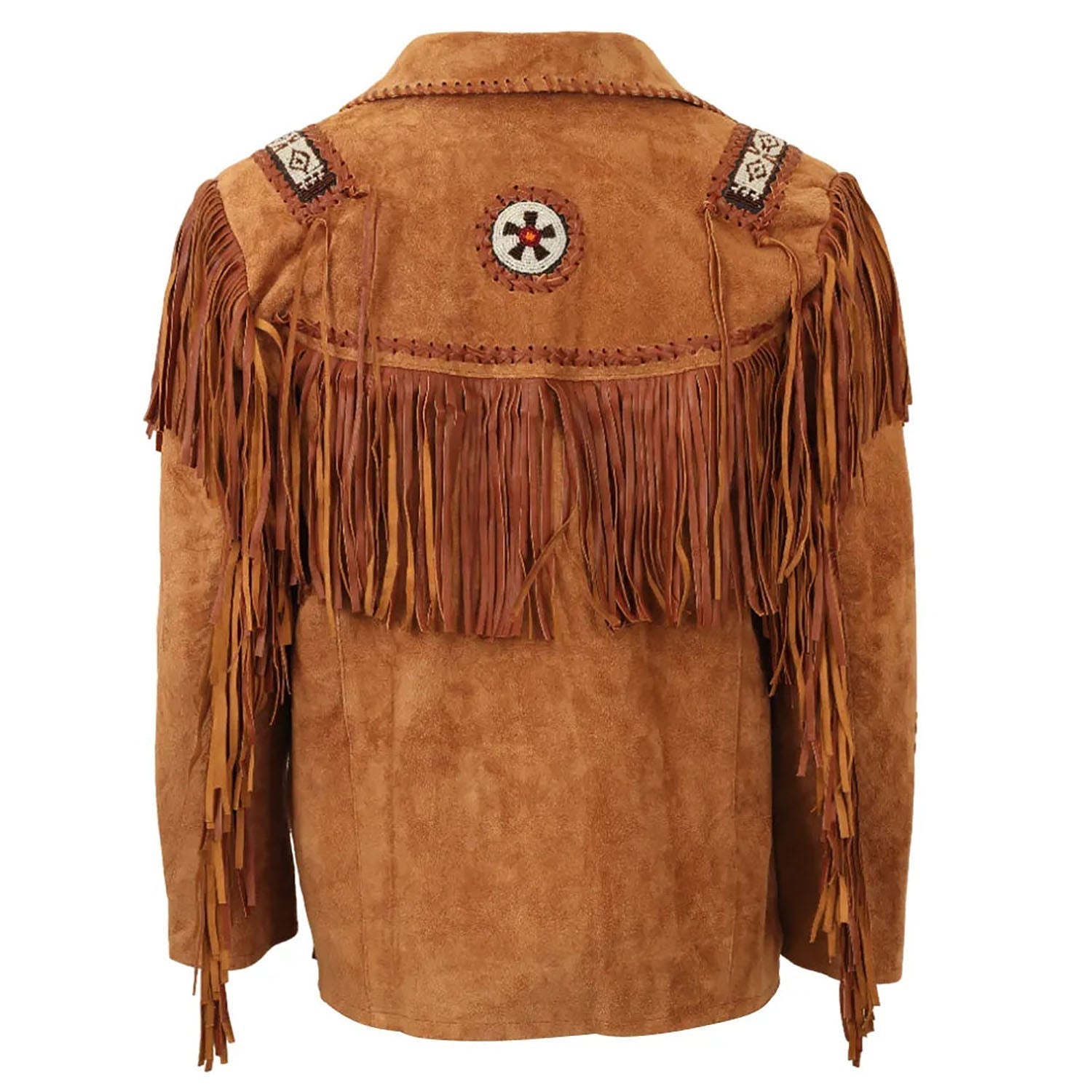 Suede leather coat with fringe detailing, side profile