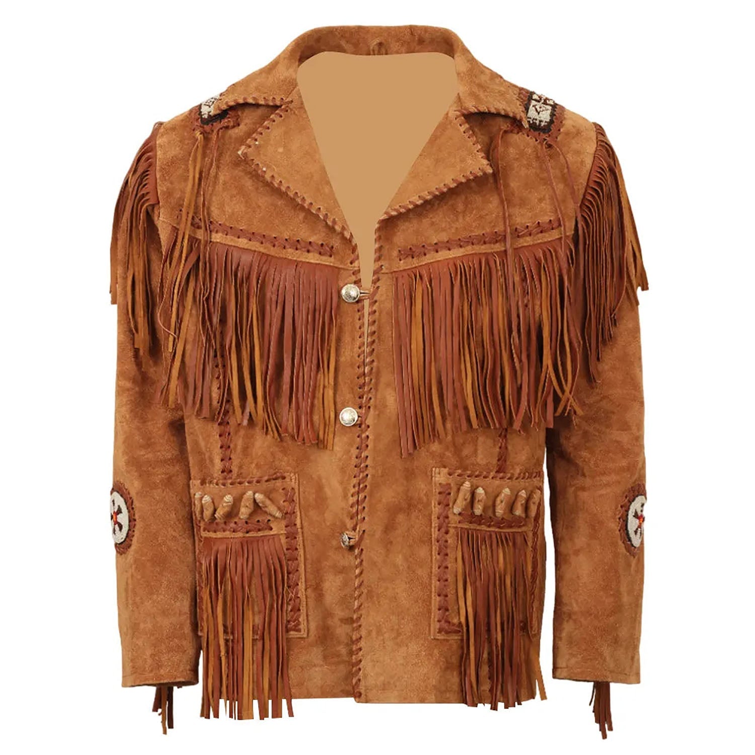 Suede leather coat with beaded detailing, front view