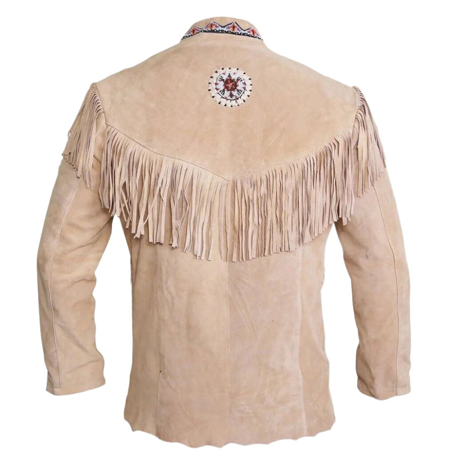Back view of the beige suede leather fringe jacket for men