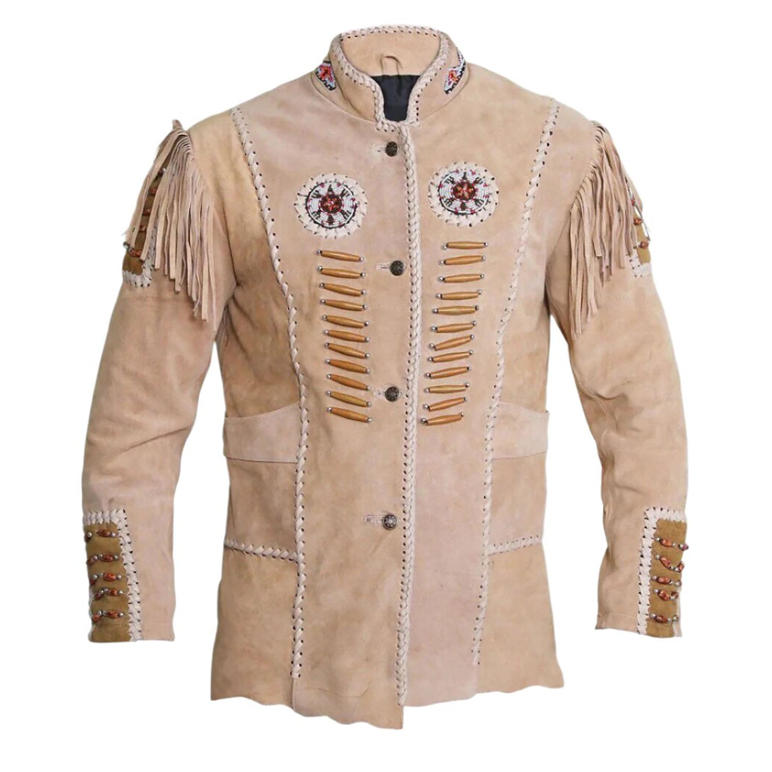 Front view of the beige suede leather fringe jacket for men
