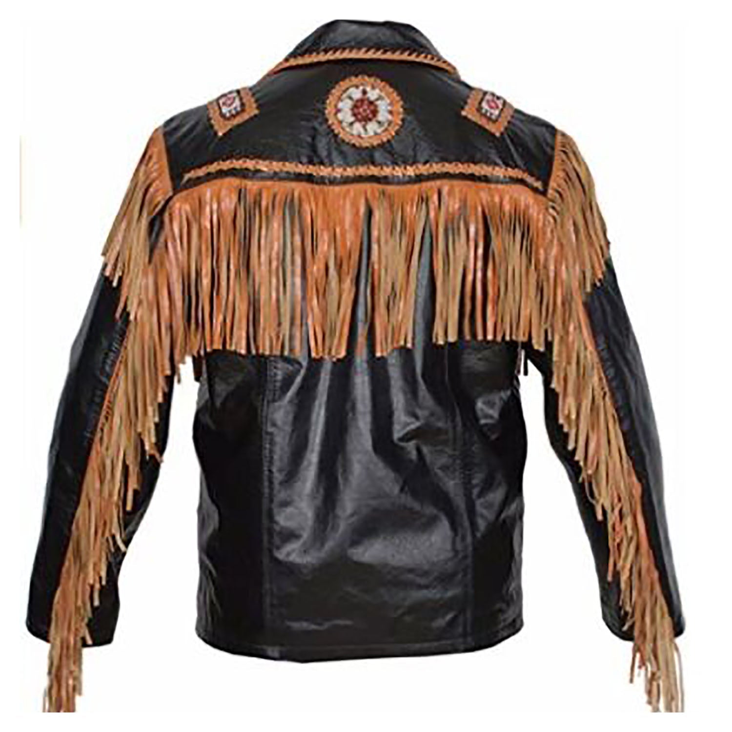 Black leather fringe jacket with beaded detailing, side profile