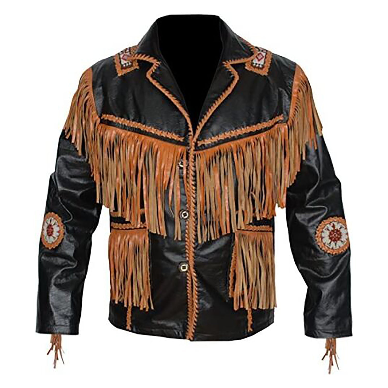 Black leather fringe jacket with beaded detailing, front view