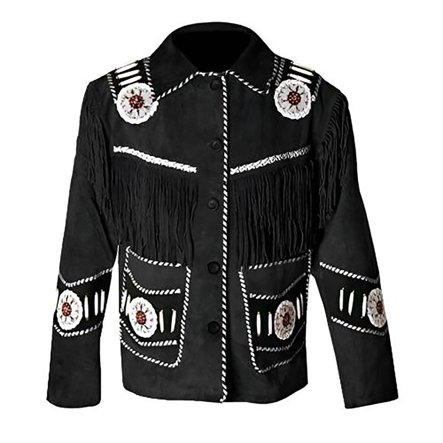 front view of the black suede leather fringe jacket for men
