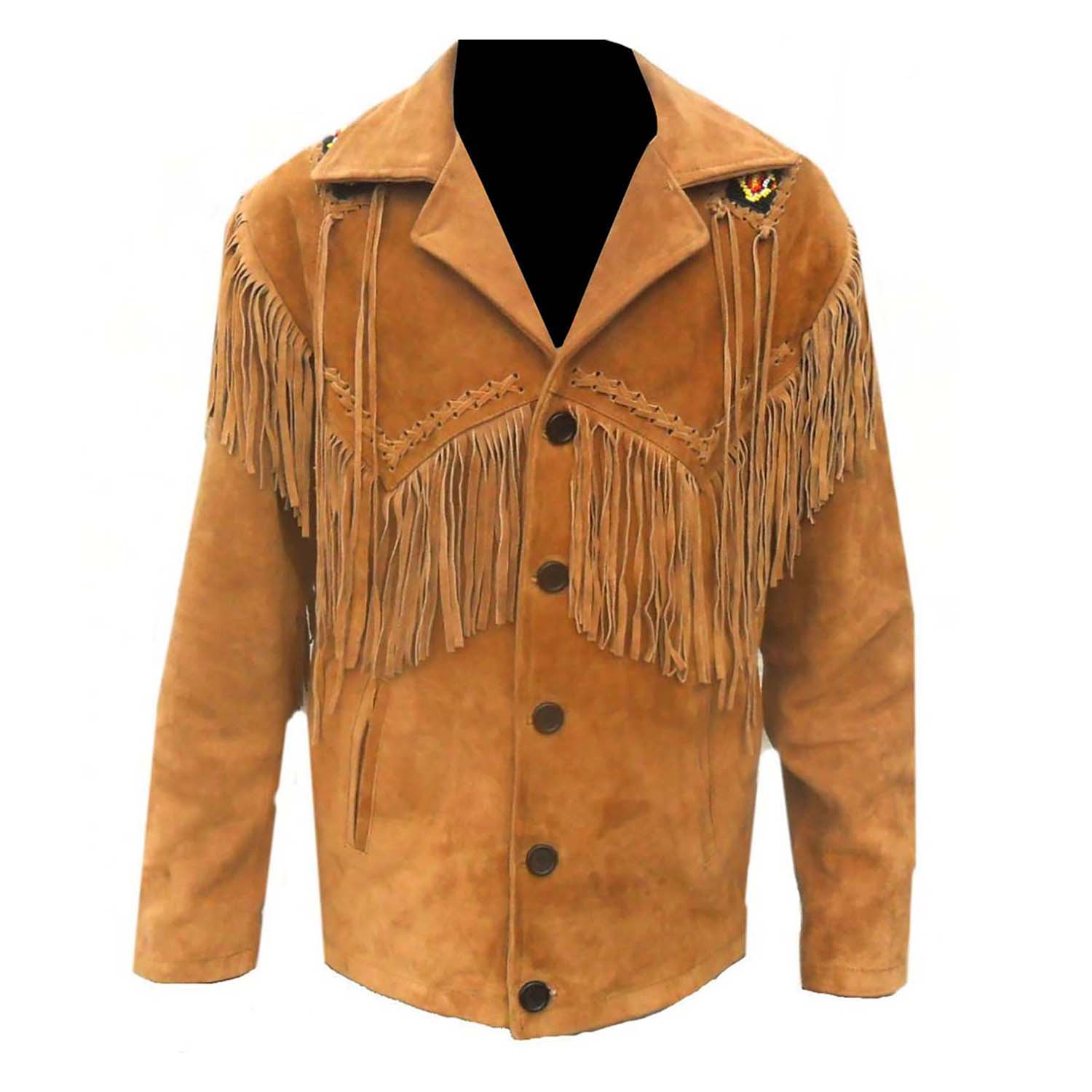 Golden brown buckskin suede leather fringe jacket, full display