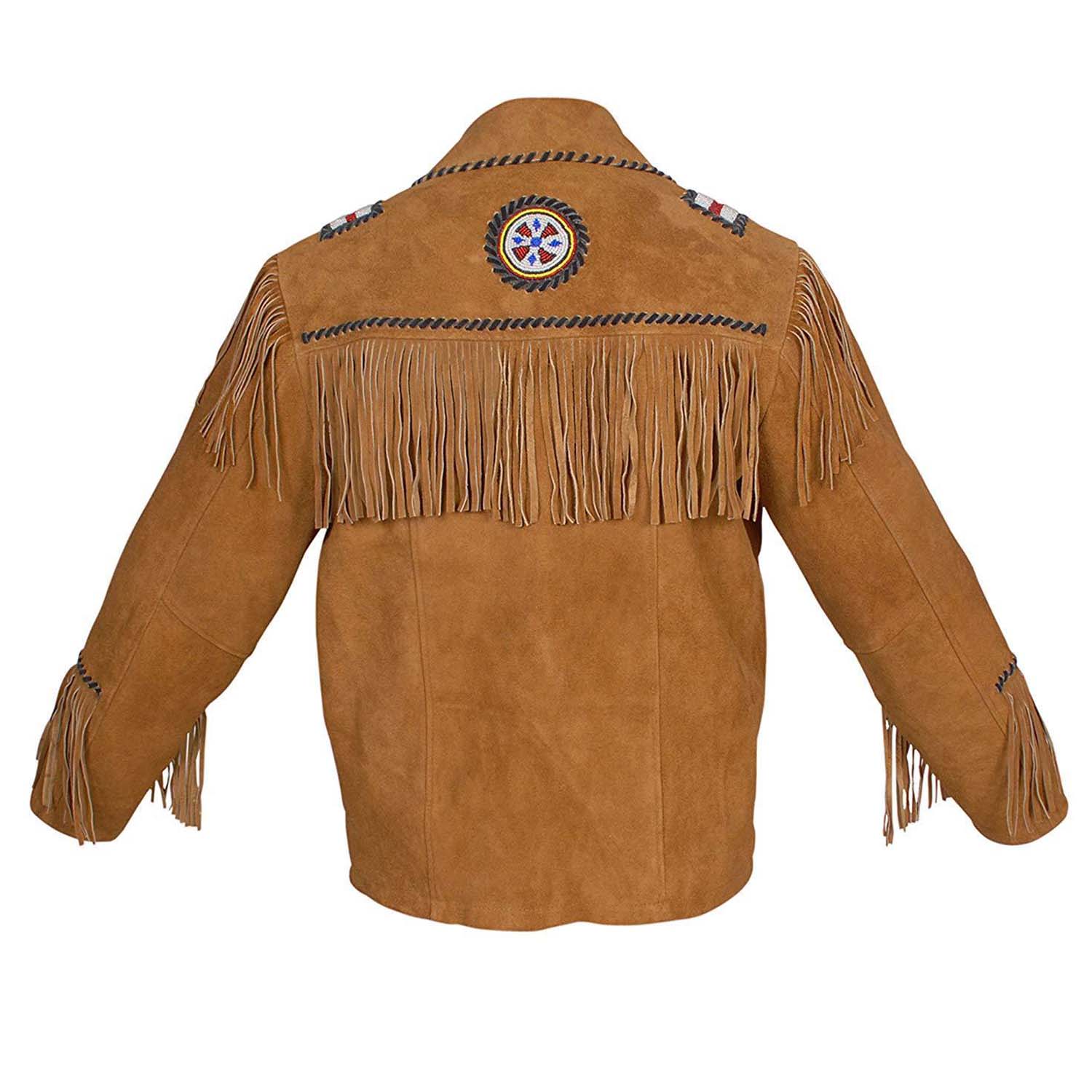 The golden brown buckskin suede leather fringe jacket, pictured from the front