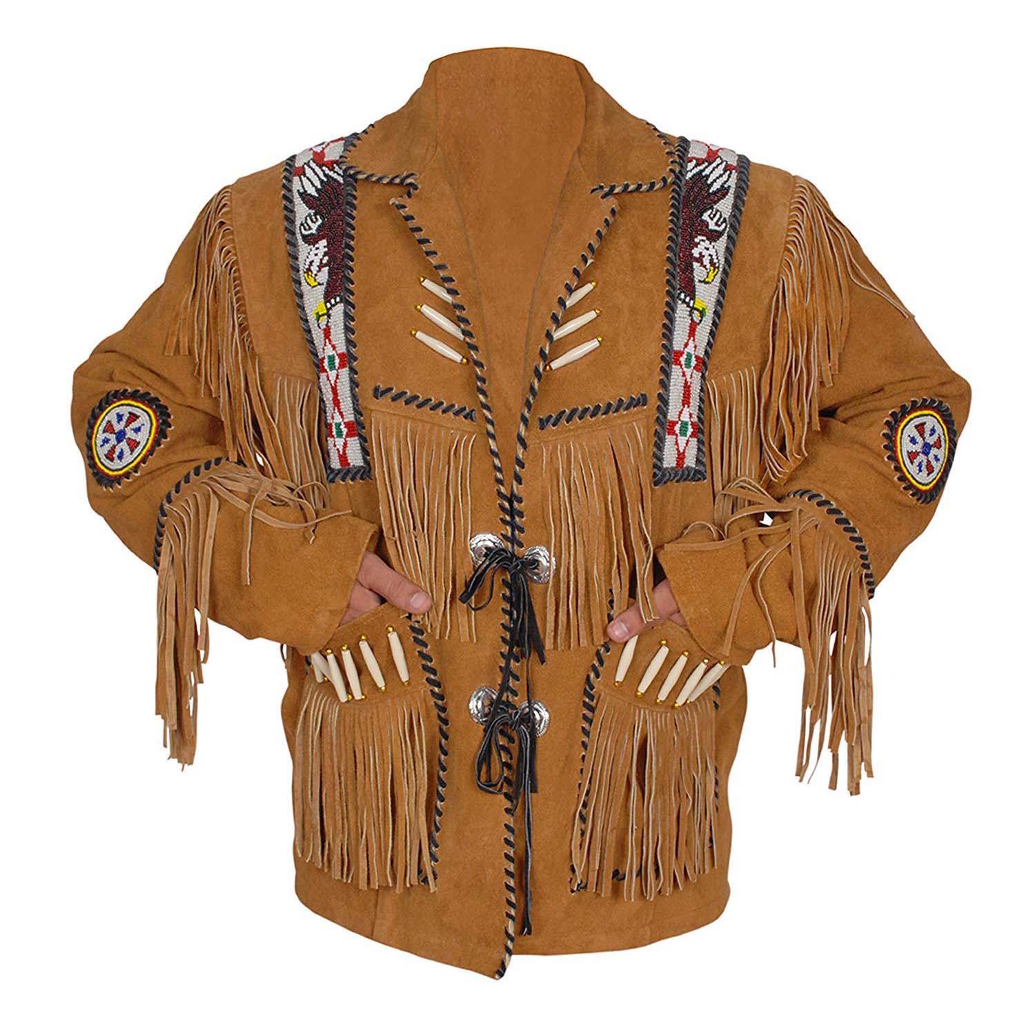 The golden brown buckskin suede leather fringe jacket, pictured in detail