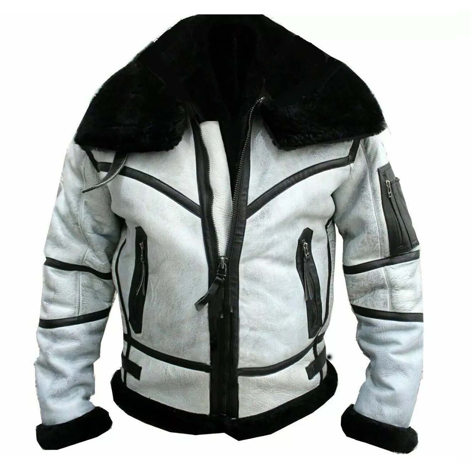 Full display showing the white sheepskin leather bomber jacket with aviator bomber style