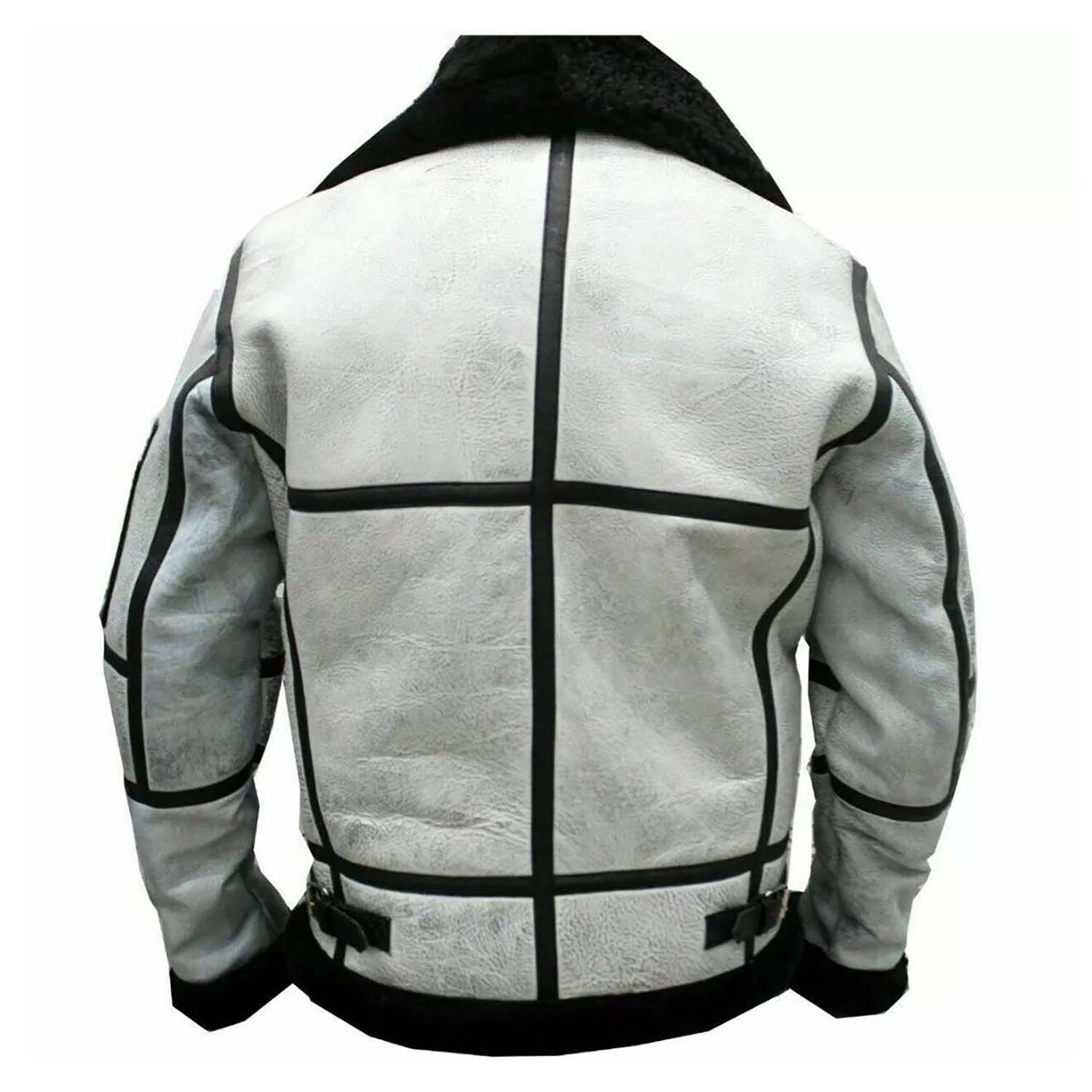 Detail shot showing the white sheepskin leather bomber jacket with fur trim