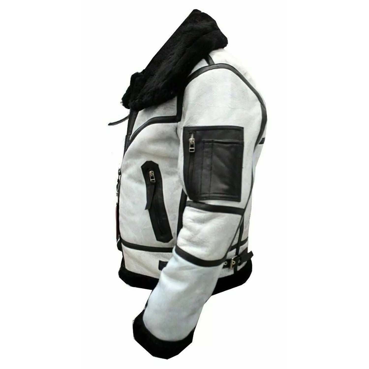 Front view showing the white sheepskin leather bomber jacket with aviator bomber style