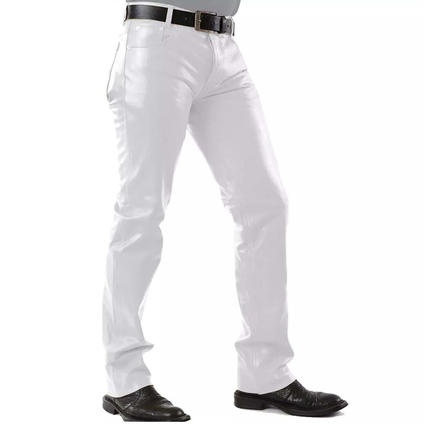 The white cowhide leather pants, pictured worn and styled
