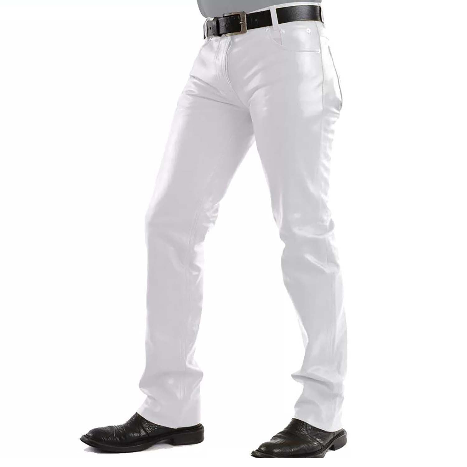 The white cowhide leather pants, pictured in detail