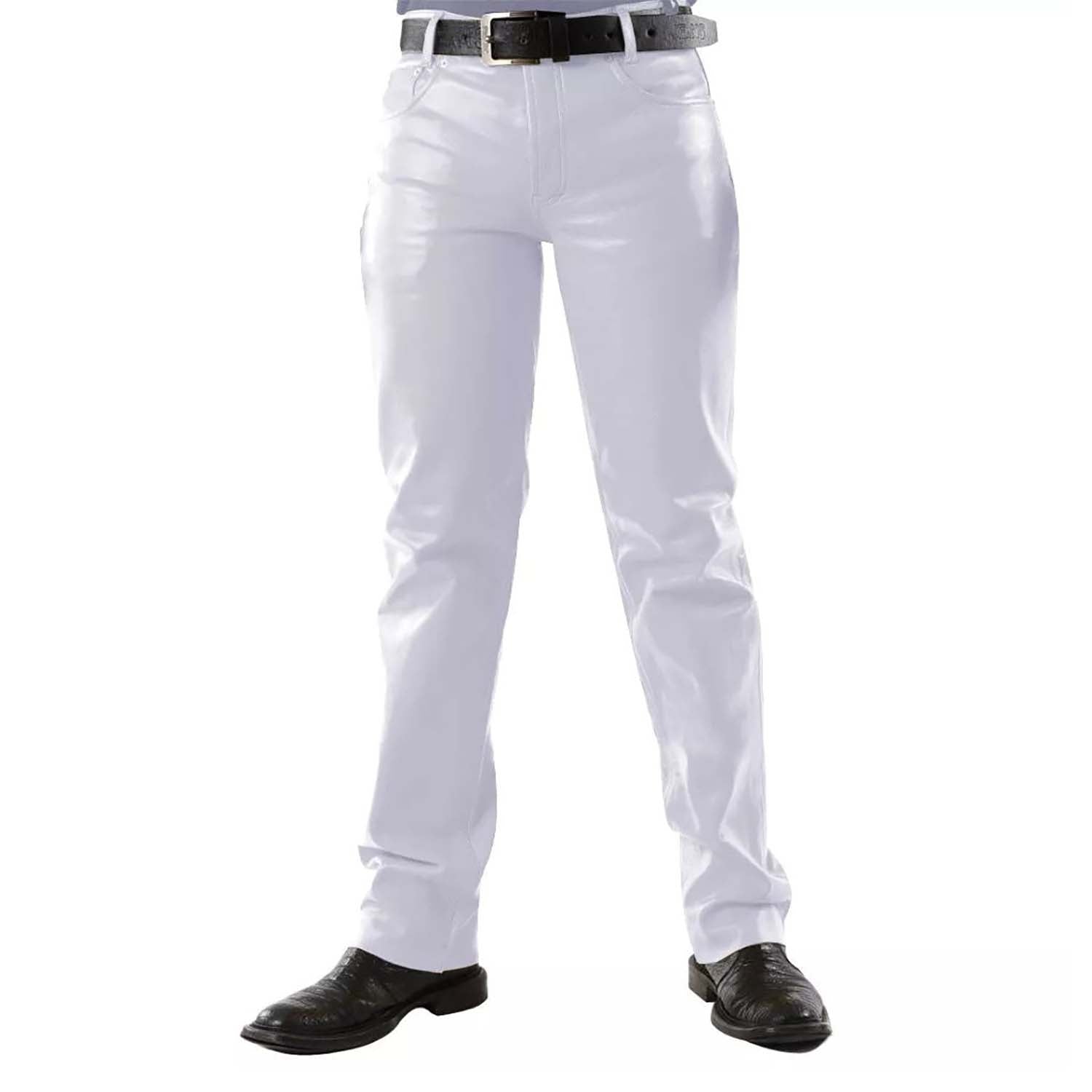 The white cowhide leather pants, pictured from the front
