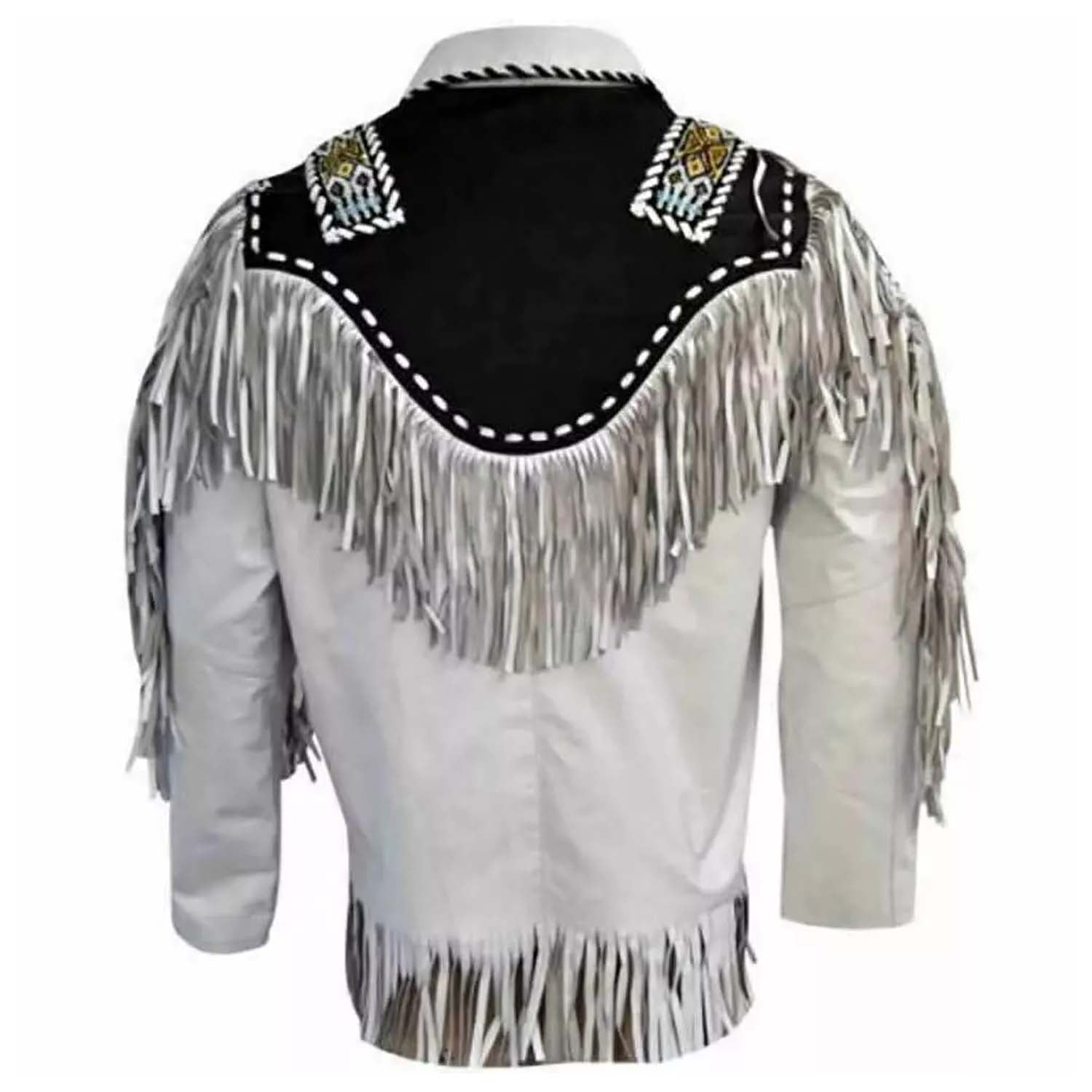 Worn styled look of the white suede leather fringe jacket with beaded detailing for men