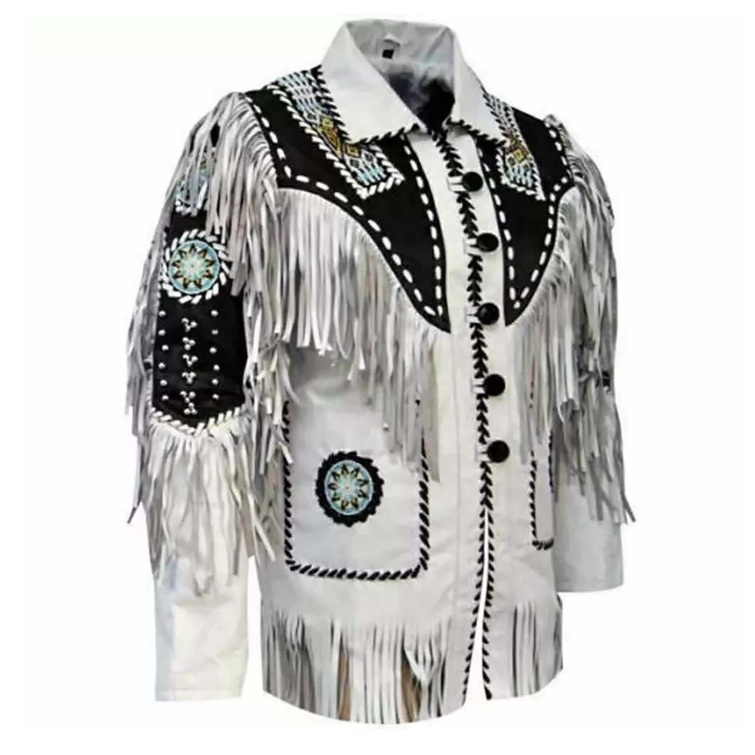 Close-up detail of the white suede leather fringe jacket with beaded detailing for men