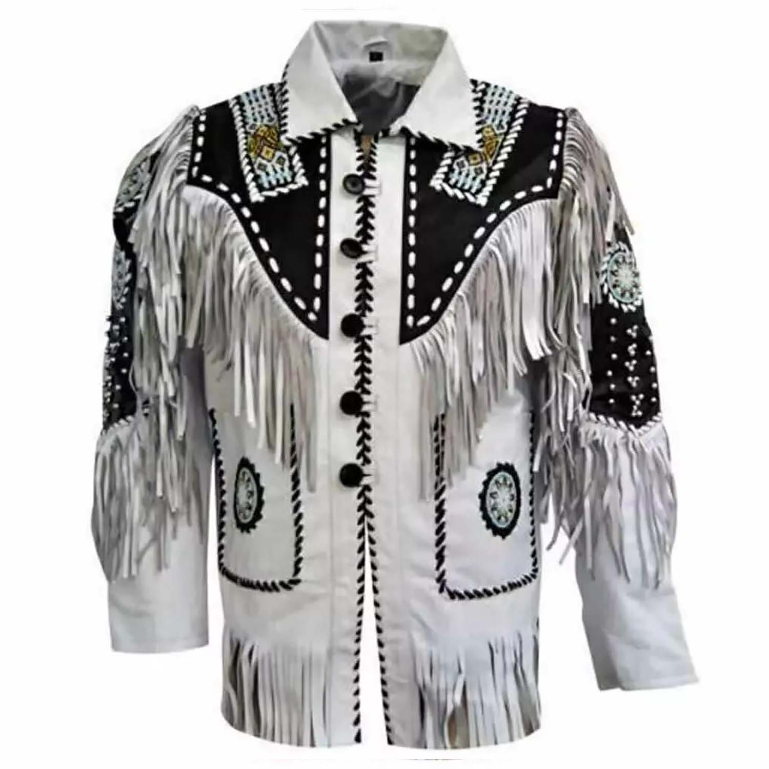 Back view of the white suede leather fringe jacket with beaded detailing for men