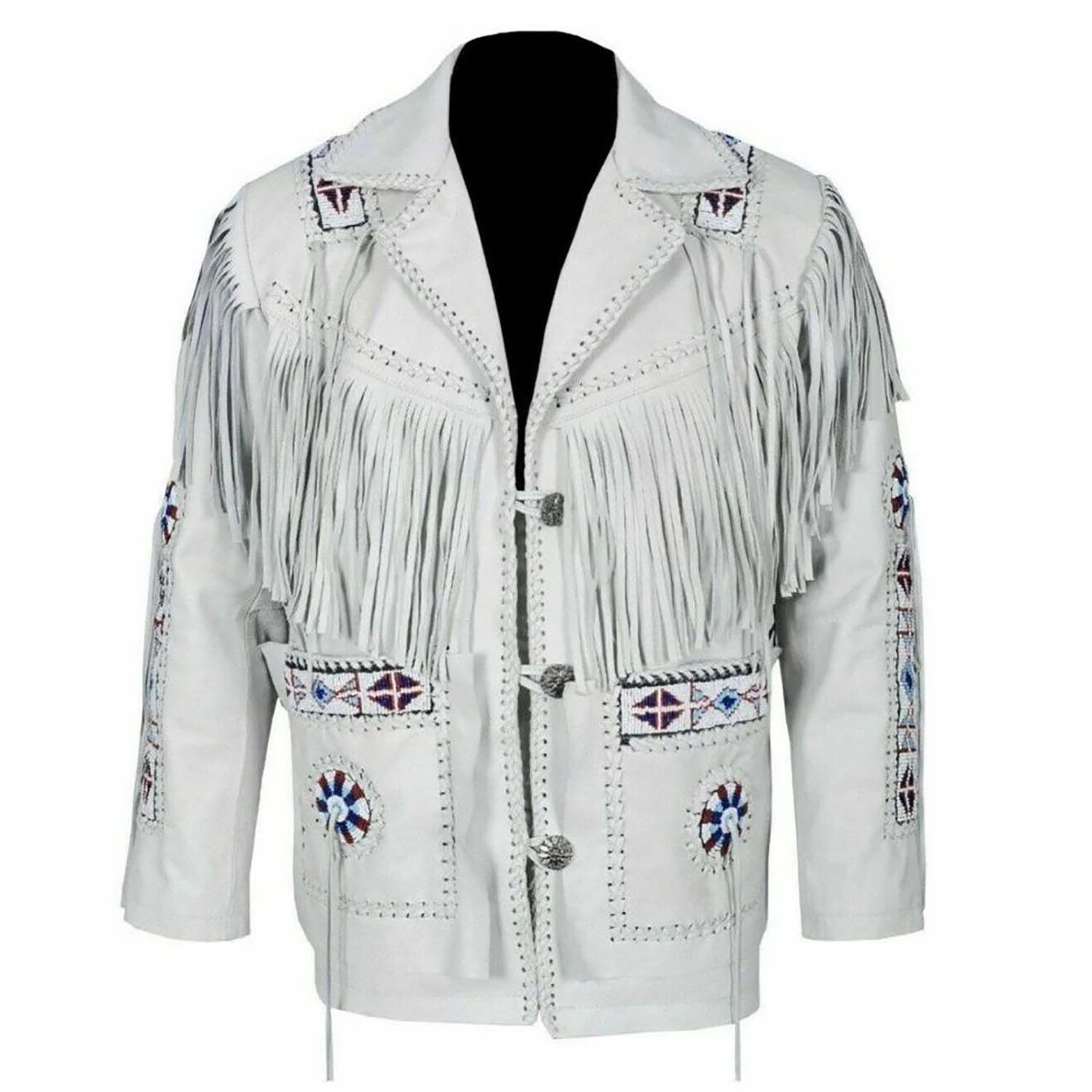 White suede leather fringe jacket with beaded detailing, close-up detail