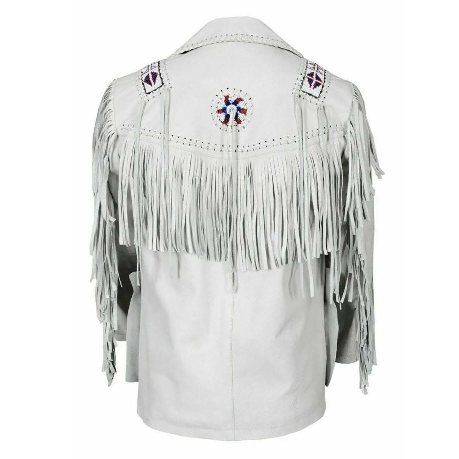 White suede leather fringe jacket with beaded detailing, worn styled look