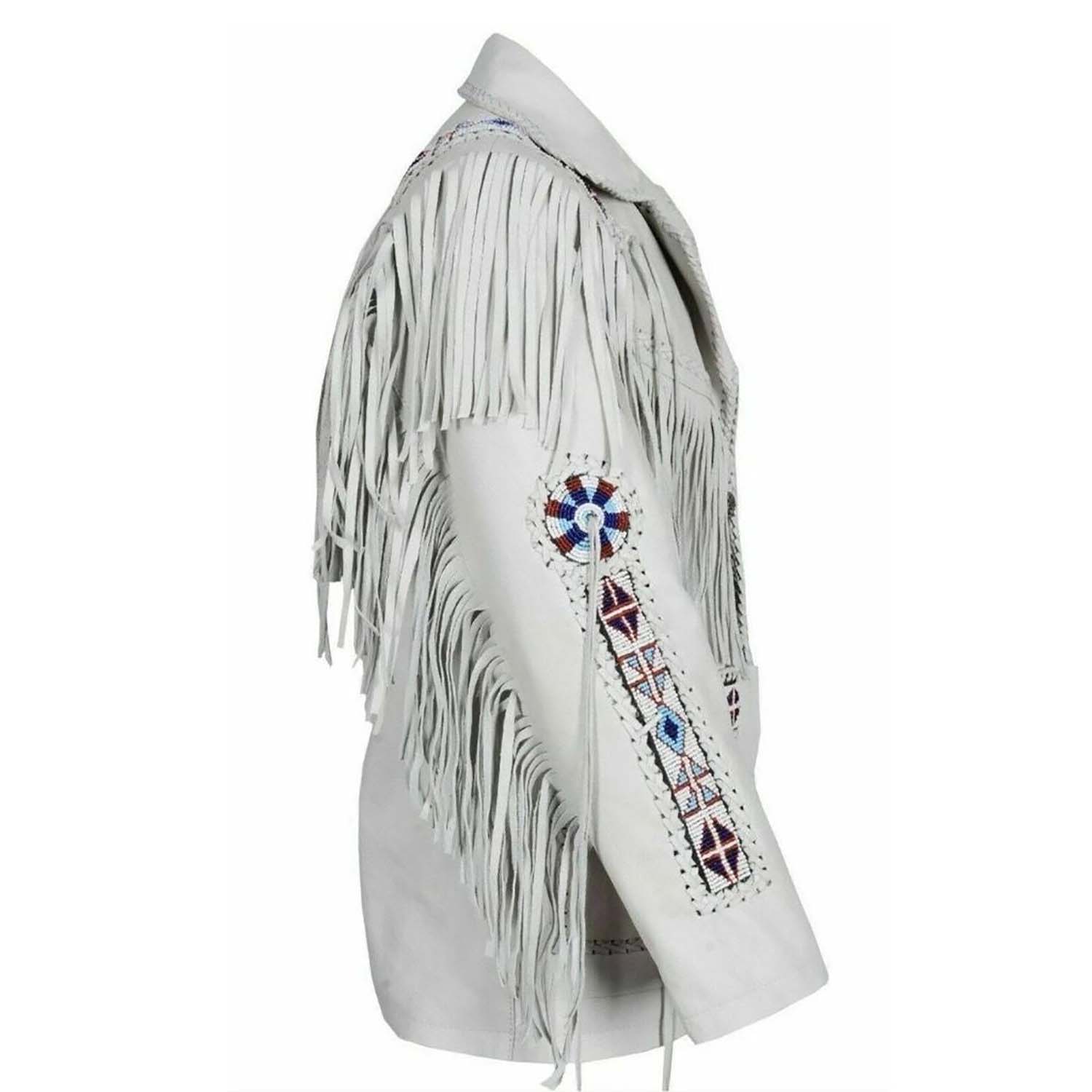 White suede leather fringe jacket with beaded detailing, full display