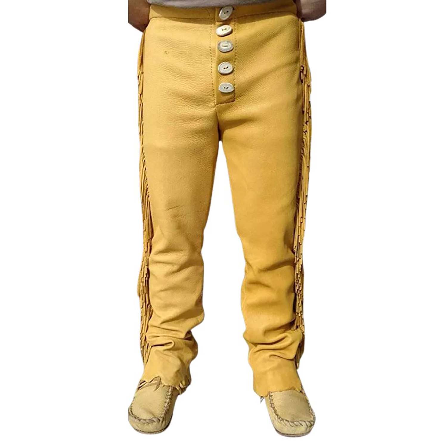 Side profile showing the brown cowhide leather pants with fringe detailing