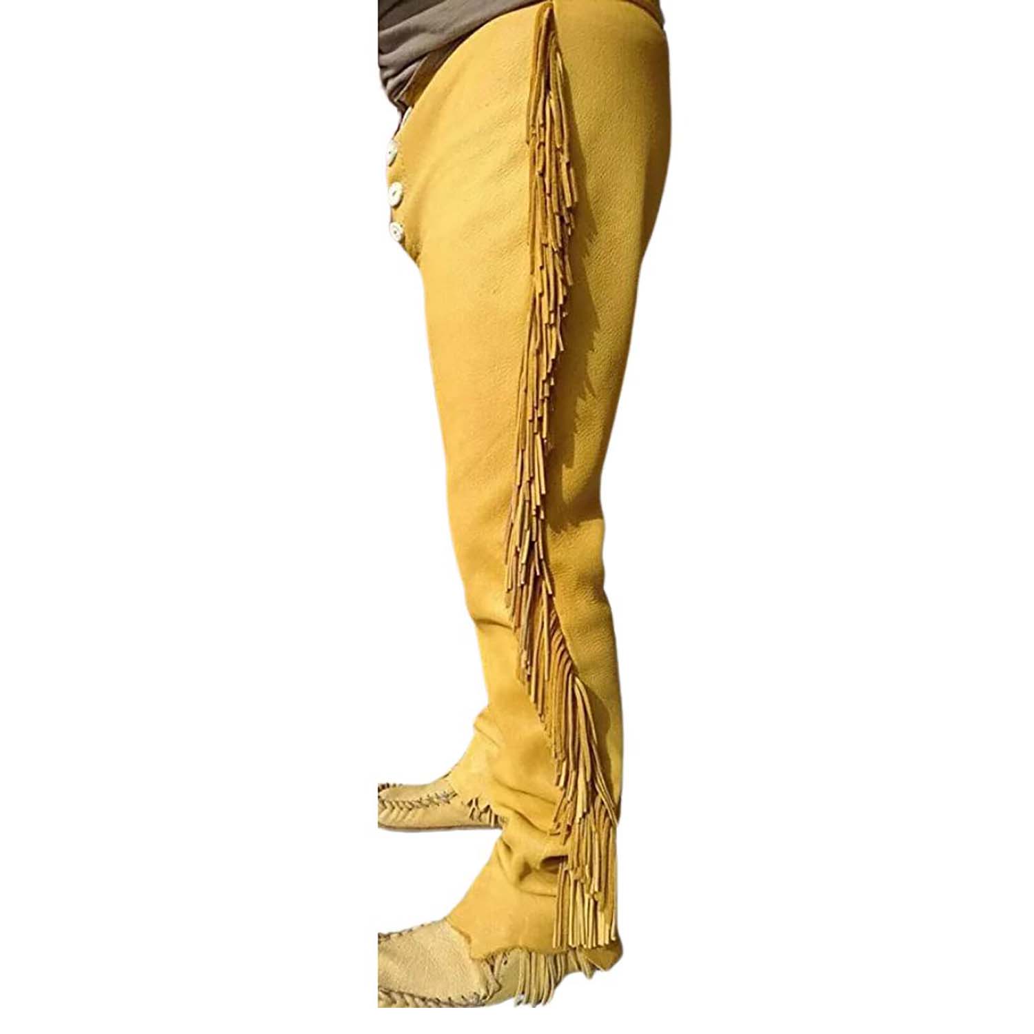 Back view showing the brown cowhide leather pants with fringe detailing