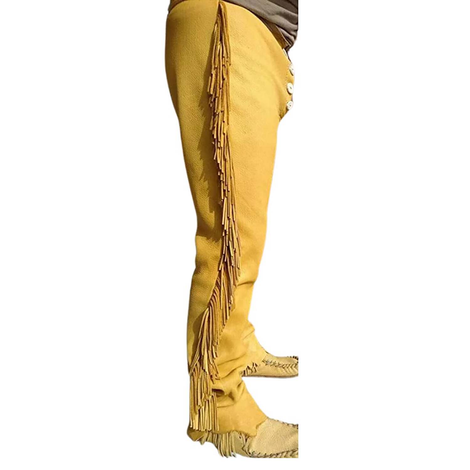 Close-up detail showing the brown cowhide leather pants with fringe detailing