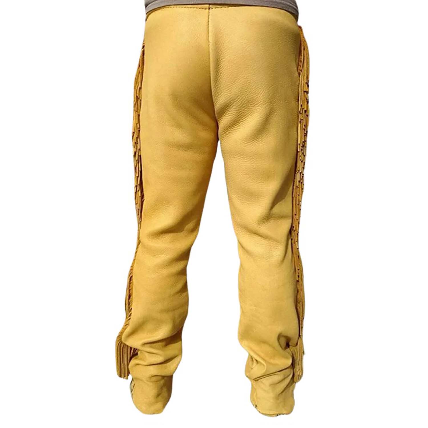 Worn styled look showing the brown cowhide leather pants with fringe detailing