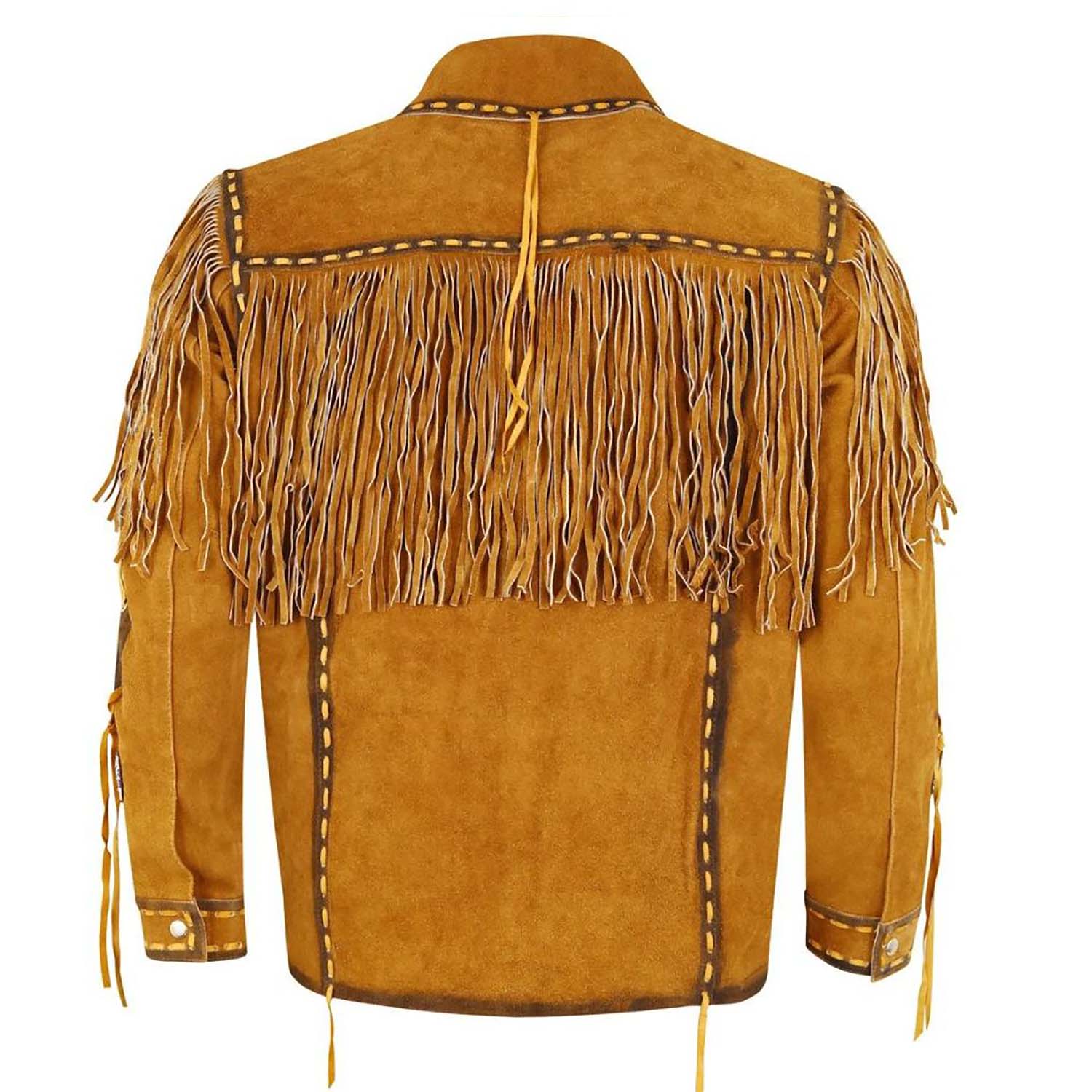 The brown leather fringe jacket with studded accents, pictured from the side