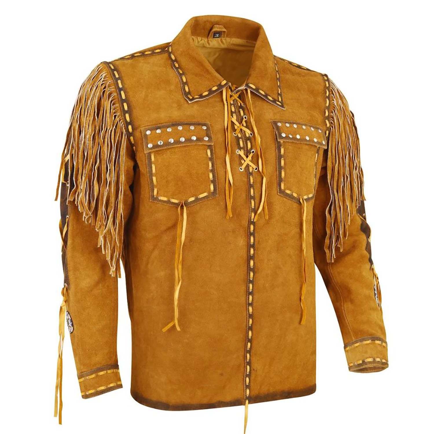 The brown leather fringe jacket with studded accents, pictured from the front