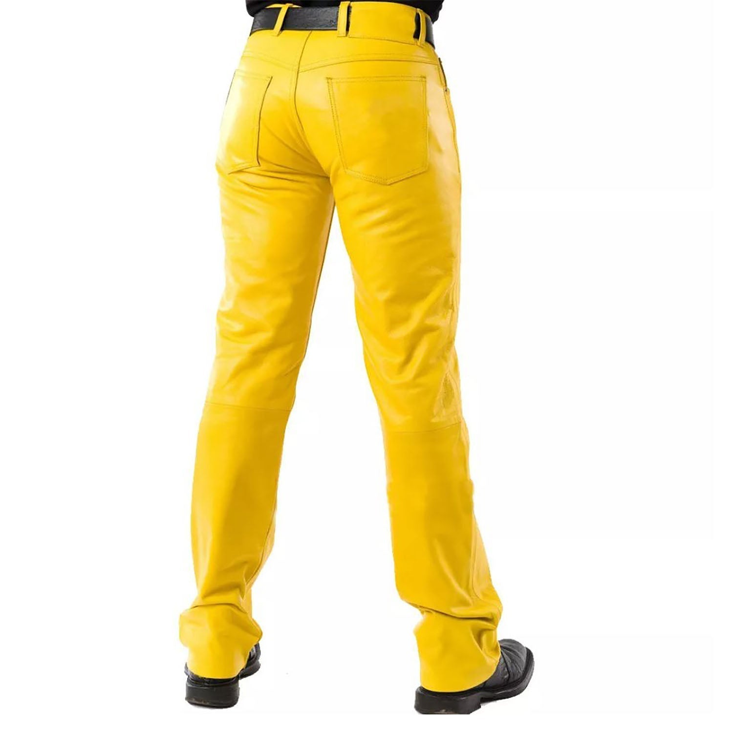 Yellow cowhide leather pants, side profile
