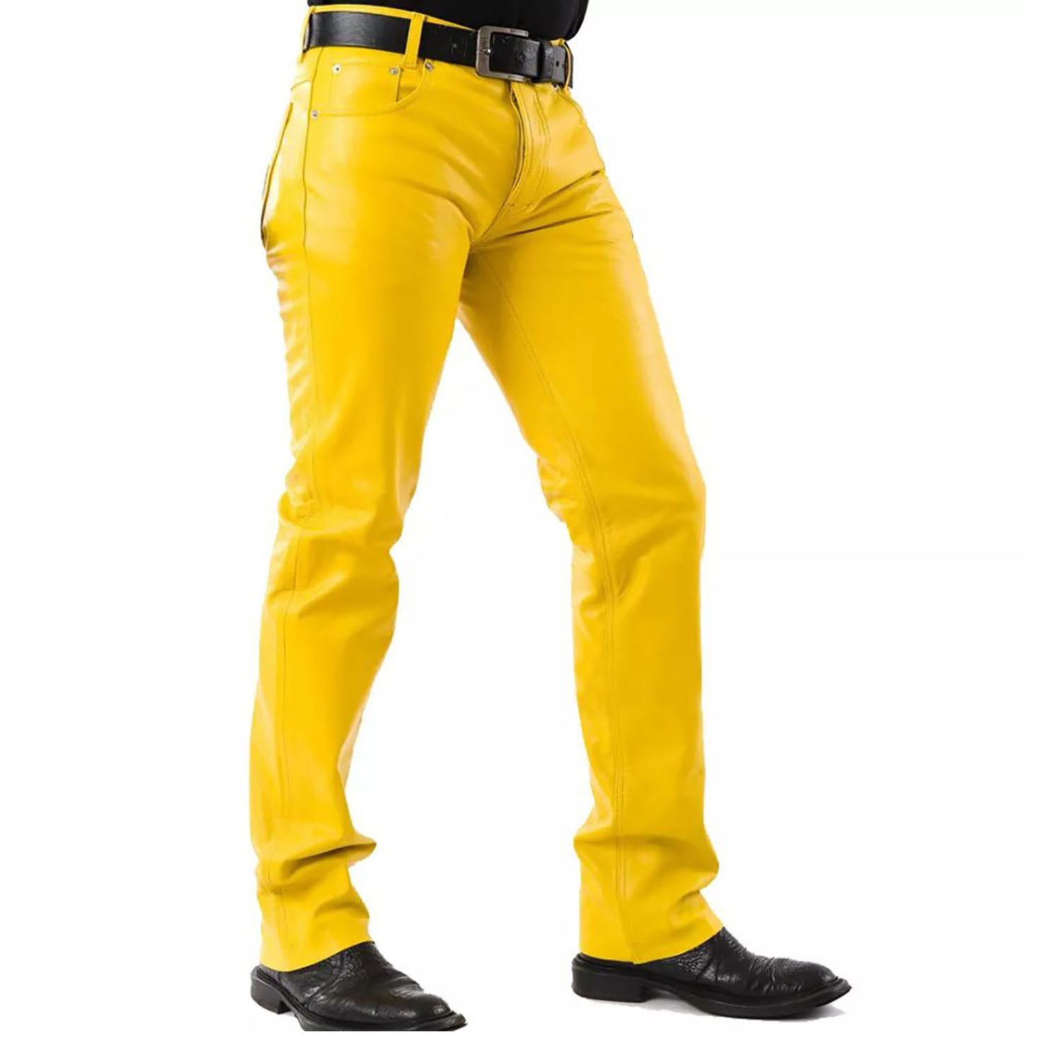 Yellow cowhide leather pants, detail shot