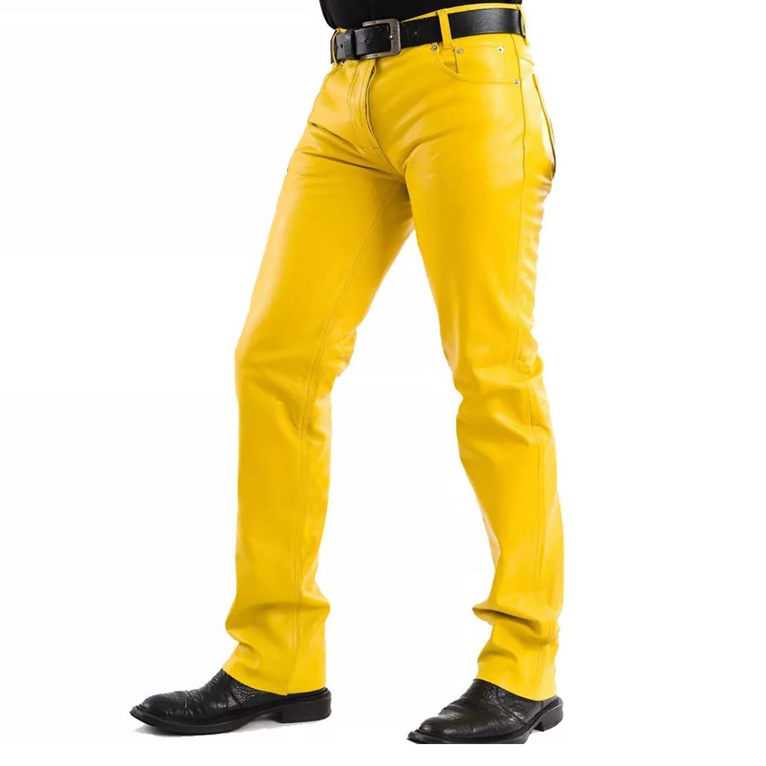Yellow cowhide leather pants, front view